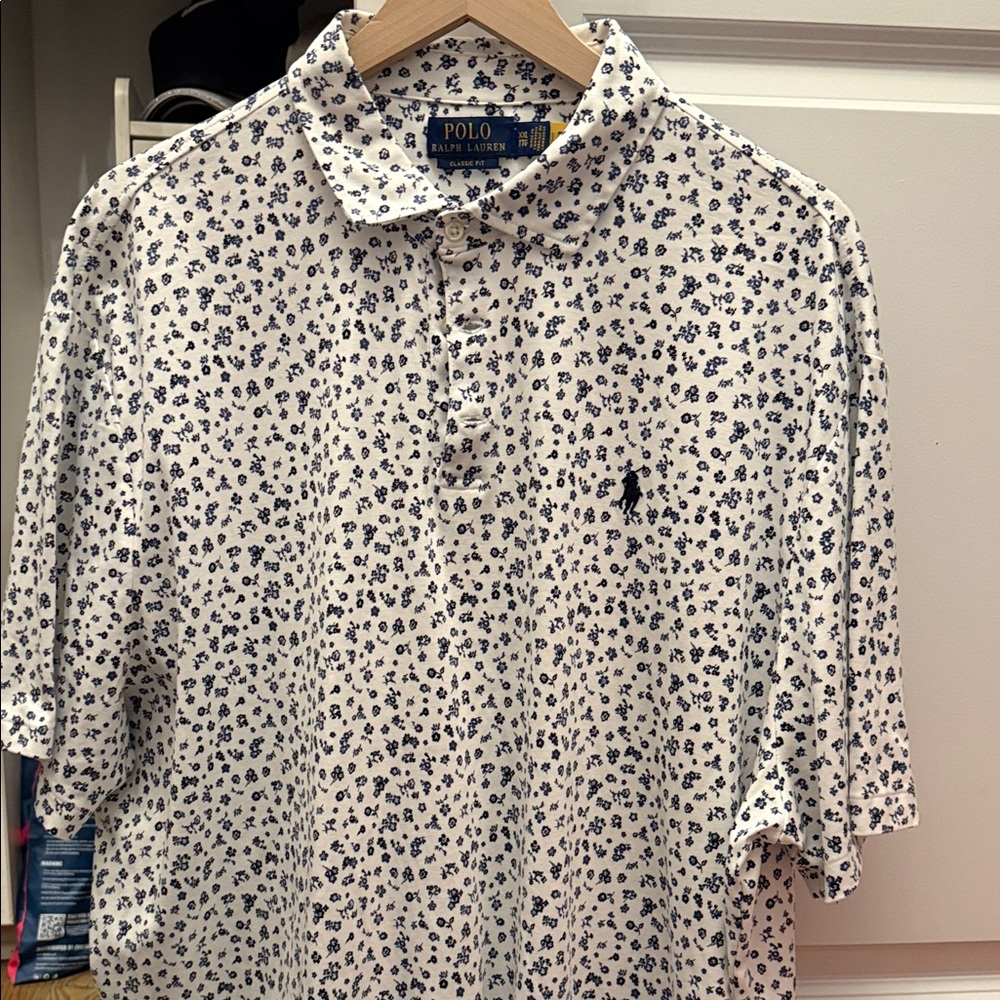 Polo by Ralph Lauren Men's White and Blue Patterned Polo